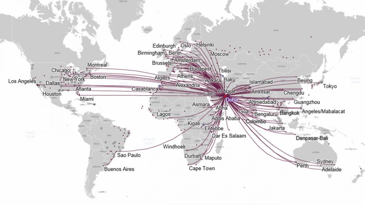 χάρτης δρομολογίων της qatar airways